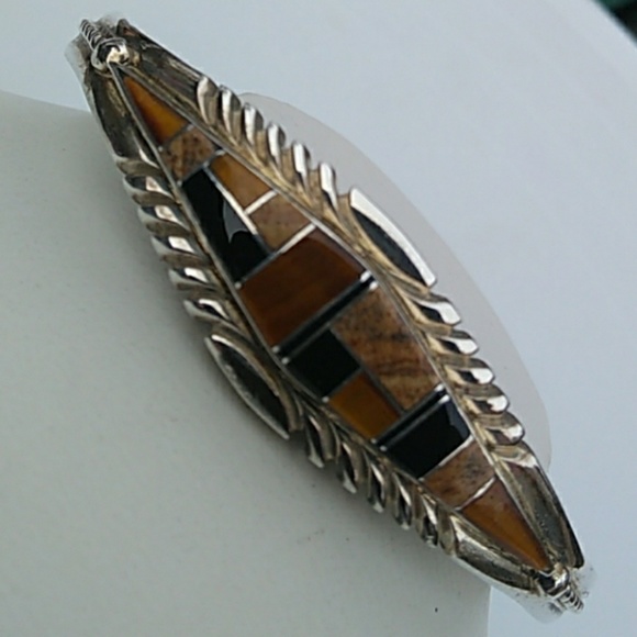 Navajo THOMAS FRANSISCO Tiger Eye Jasper Onyx Inlay Sterling Silv Cuff Bracelet - Picture 2 of 8
